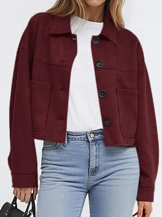 Women's Faux Suede Cropped Jacket Fall Fashion Winter Coats Outerwear Burgundy - Picture 2 of 5